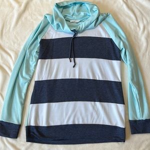 Coco & Main Striped Cowl Neck Long Sleeve Top Mint Blue Navy White Medium